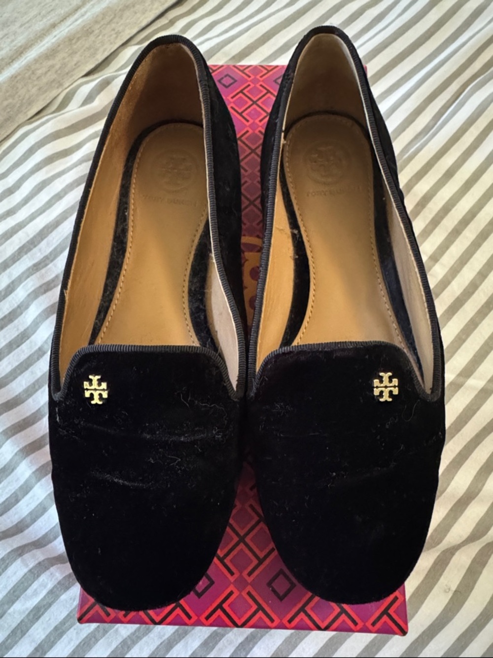 Tory Burch Black Velvet Loafers with Gold Logo